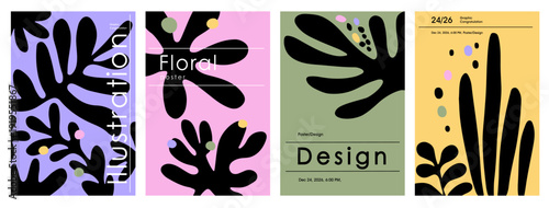 Set of modern abstract floral posters with minimalist botanical elements and bold color blocks. Contemporary graphic design with stylized leaves and organic shapes in trendy palette.