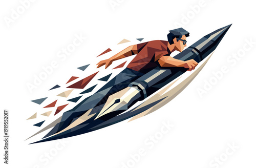 Low-poly vector illustration of a designer accelerating into a pen stroke, dynamic diagonal composition with the pen slicing