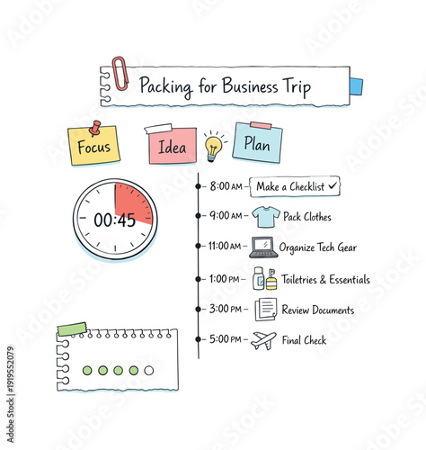 Daily schedule timeline with time blocks, timer and notebook page scraps, sticky notes and progress dots for Packing for business