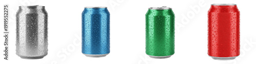 Chilled Beverage Can PNG Set, Refreshing Aluminum Soda and Seltzer Cans with Water Droplets Isolated on White, Soft Drink Clipart