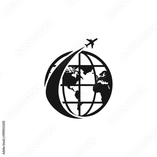 Global Travel and Aviation Logo Vector Icon. A dynamic black and white vector logo symbolizing global travel and aviation