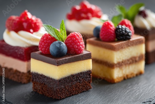 Wallpaper Mural Assorted gourmet mini desserts featuring layered cakes with chocolate, raspberry, and cream toppings arranged on a dark slate surface for an elegant presentation Torontodigital.ca