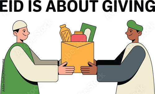 Two men exchanging a box of food and household smiling green and white robes green and gray hats