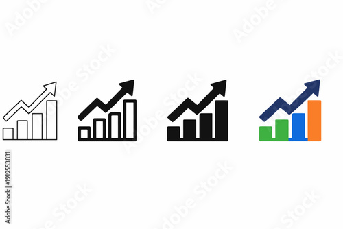 Ascending bar graph icons: outline, black, color variants indicating growth trend