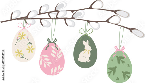 Pastel Hanging Easter Eggs on Willow Branch – Bunny and Floral Egg Ornaments, Transparent Background Vector