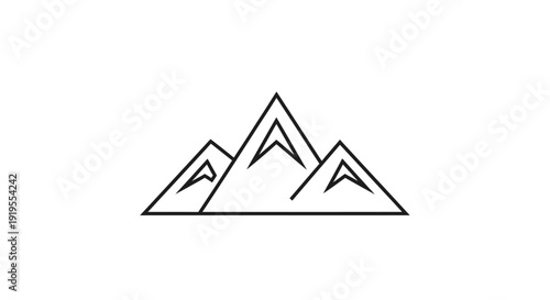 Detailed Outline of Three Mountain Peaks on Isolated White Background