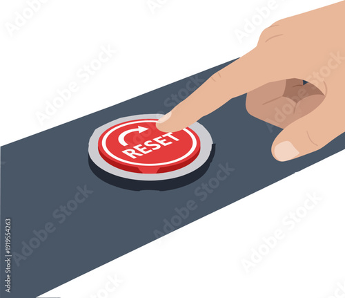 A high-fidelity flat vector illustration showing a human finger interacting with a prominent red circular "RESET" button