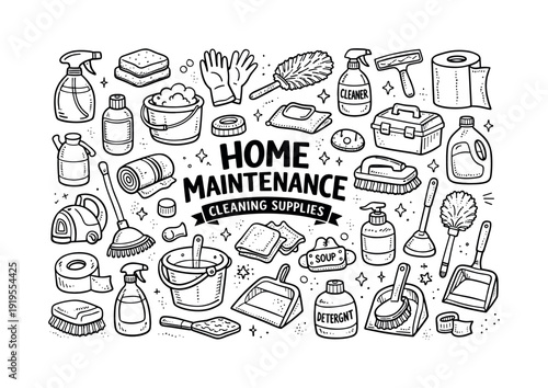 Home maintenance cleaning supplies, hand drawn doodle elements set, center hand-lettered title, black & white vector line art,