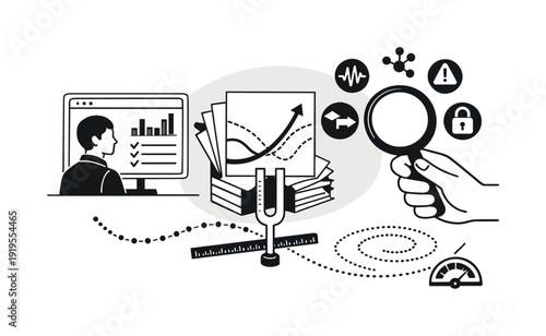 Modern minimal flat vector conceptual collage, crisp hard edges, consistent THIN outline stroke, rounded corners where needed,