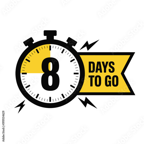 A stopwatch graphic displays "8 DAYS TO GO" with lightning bolt accents.