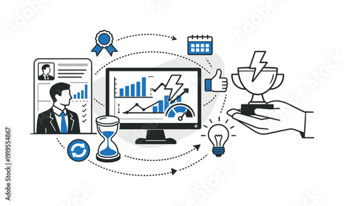 Modern minimal flat vector conceptual collage, crisp hard edges, consistent THIN outline stroke, rounded corners where needed,