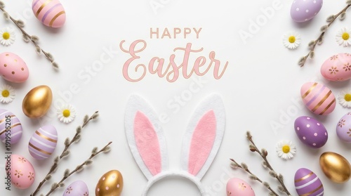 Happy Easter text with pastel colored eggs, golden eggs, pussy willow branches, and small white daisy flowers arranged on a clean white background, featuring pink bunny ears in the center.