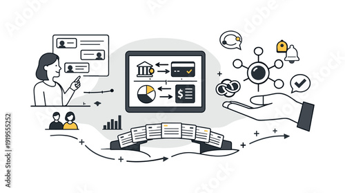 Modern minimal flat vector conceptual collage, crisp hard edges, consistent THIN outline stroke, rounded corners where needed,