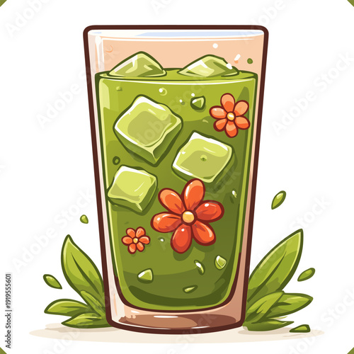 Vector illustration of iced matcha drink in tall glass with ice cubes, mint leaves and flower garnish, isolated on a white background