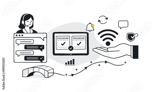Compliance Communication Collage. Modern minimal flat vector conceptual collage, crisp hard edges, consistent THIN outline stroke,