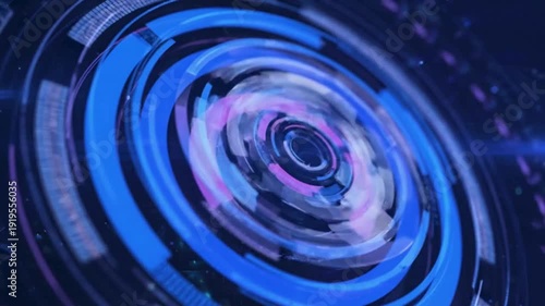Abstract digital display with swirling blue and purple concentric circles, representing data visualization or a futuristic interface.