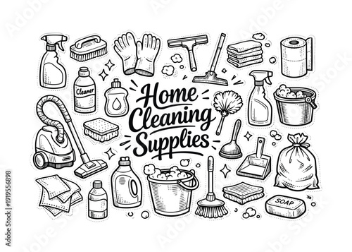 Home cleaning supplies illustration, hand drawn doodle elements set, center hand-lettered title, black & white vector line art,