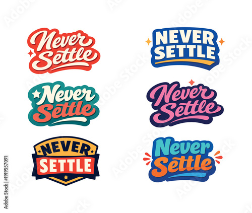 Clean flat holiday banner set illustration featuring modern lettering logo set for Never Settle designed for stock marketplaces,
