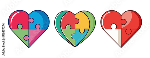 Colorful puzzle heart icons: unity, love, relationships concept