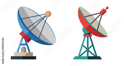 Two colorful satellite dishes for telecommunication concept