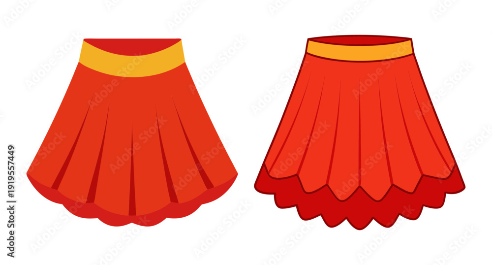 Εκτύπωση καμβά Two red pleated skirts with yellow waistband, fashion attire.