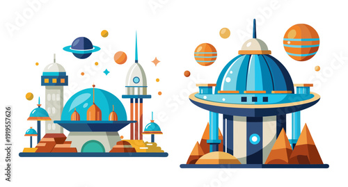Futuristic space city vector landscape illustration with planets