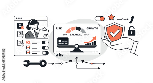 Modern minimal flat vector conceptual collage, crisp hard edges, consistent THIN outline stroke, rounded corners where needed,