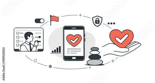 Minimalist Healthcare Scene. Modern minimal flat vector conceptual collage, crisp hard edges, consistent THIN outline stroke,