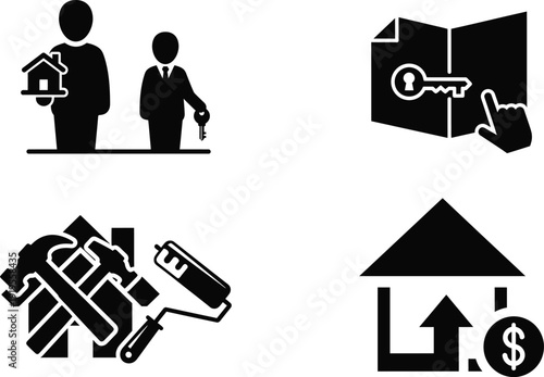 Landlord Tenant Lease Agreement and Home Renovation Icons for Property Management Insurance