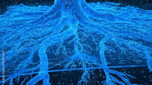 Digital blue glowing root network spreading across a dark background, illustrating complex interconnected systems.