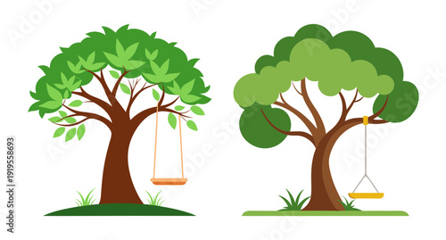 Stylized cartoon trees with fun swings, flat design vector art.