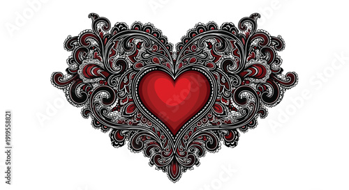 Intricately designed heart-shaped ornament with red and black filigree on a white background.
