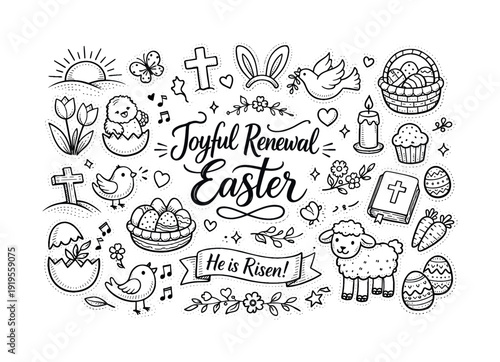 Joyful Renewal Easter concept, hand drawn doodle elements set, center hand-lettered title, black & white vector line art, bold