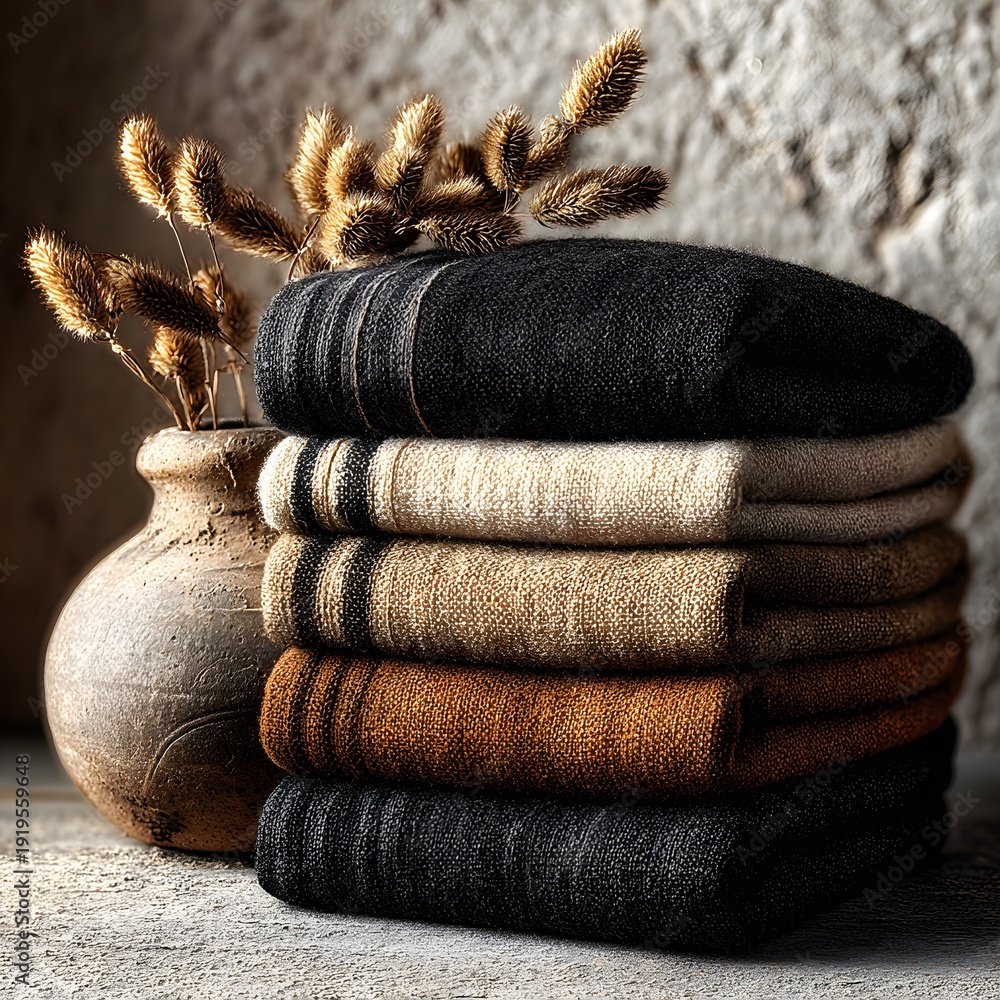 Fototapeta premium Stack of folded neutral-toned linen textiles with dried grasses in rustic ceramic vase, cozy home decor.