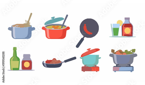 Cute cartoon kitchen cookware set with pots frying pans and cooking food vector illustration