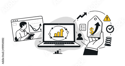 Modern minimal flat vector conceptual collage, crisp hard edges, consistent THIN outline stroke, rounded corners where needed,