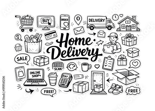 Home delivery online shopping items, hand drawn doodle elements set, center hand-lettered title, black & white vector line art,