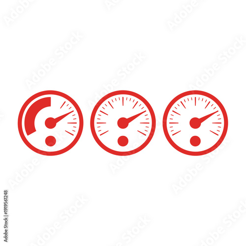 Three red gauges show different levels of measurement on a white background.