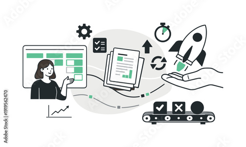 Modern minimal flat vector conceptual collage, crisp hard edges, consistent THIN outline stroke, rounded corners where needed,