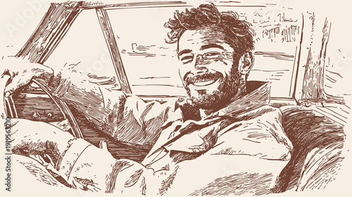 Happy delivery courier driving van smiling portrait. Young messenger holds wheel during route. Pencil hand crafted sketch drawing style. Banner for shipping companies.