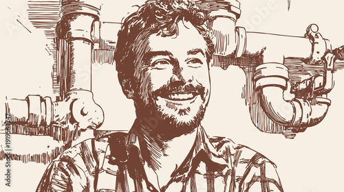 Smiling plumber portrait with pipes and fittings. Friendly technician stands near sink plumbing system. Detailed pen sketch drawing style. Banner for home repair services.