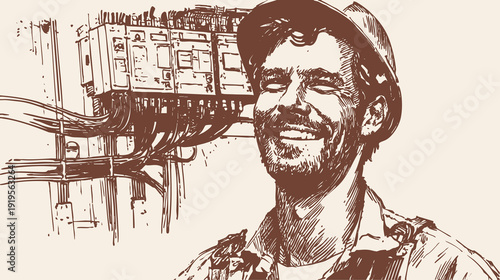 Telecom technician smiling near network equipment rack. Specialist works with cables and servers in data room. Crayon hand crafted sketch drawing style. Banner for IT service branding.