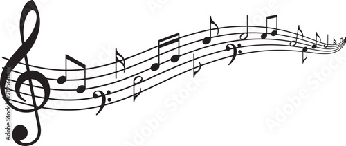 Musical notes flowing on staff lines with treble and bass clefs in a musical composition