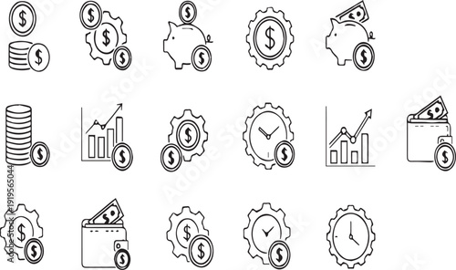 Collection of 20 monochrome line icons representing various business and finance concepts