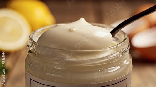 Creamy mayonnaise in glass jar with spoon and ingredients preparation