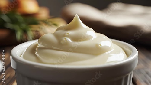Creamy white sauce in a small ceramic bowl on wooden table