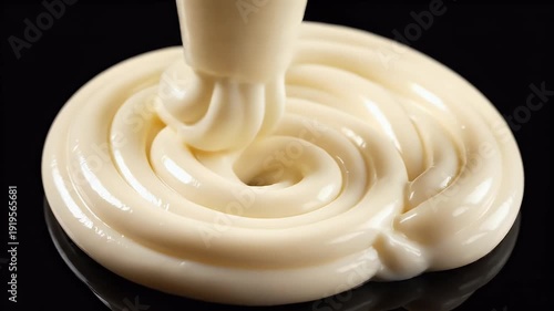 Creamy swirls of white substance on black surface