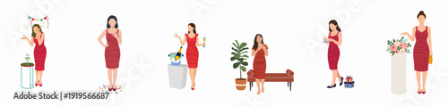 Joyful women in red dresses celebrating special moments: engagements, parties, and receiving gifts with festive elements.