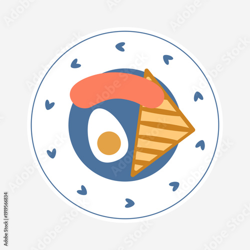 An appetizing top view of a full breakfast including egg, sausage and toast on a blue plate