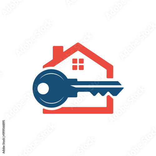 A stylized house icon with a key in front of it symbolizing real estate or home ownership